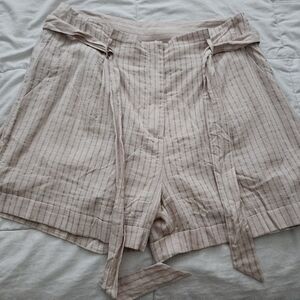 Mystree Beige Striped Tie-Waist Linen Bermuda Shorts
